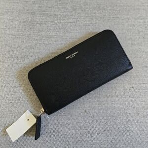 YSL black pebbled long zip leather wallet
